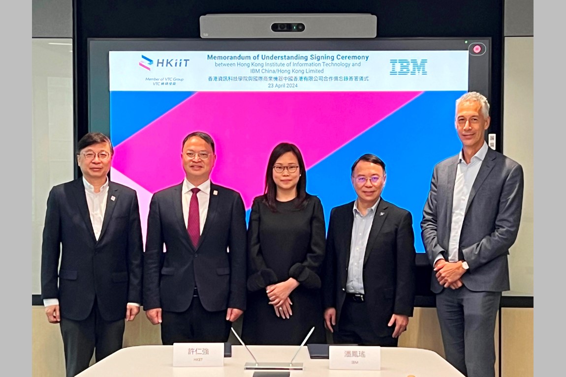 HKIIT and IBM join hands to nurture digital talent - From left: VTC Deputy Executive Director Dr Eric LIU, HKIIT Principal Dr John HUI, General Manager of IBM Hong Kong Mimi POON, Chief Technology Officer of IBM Hong Kong Peter LEE, and General Manager of IBM Consulting Hong Kong Lee-Han TJIOE